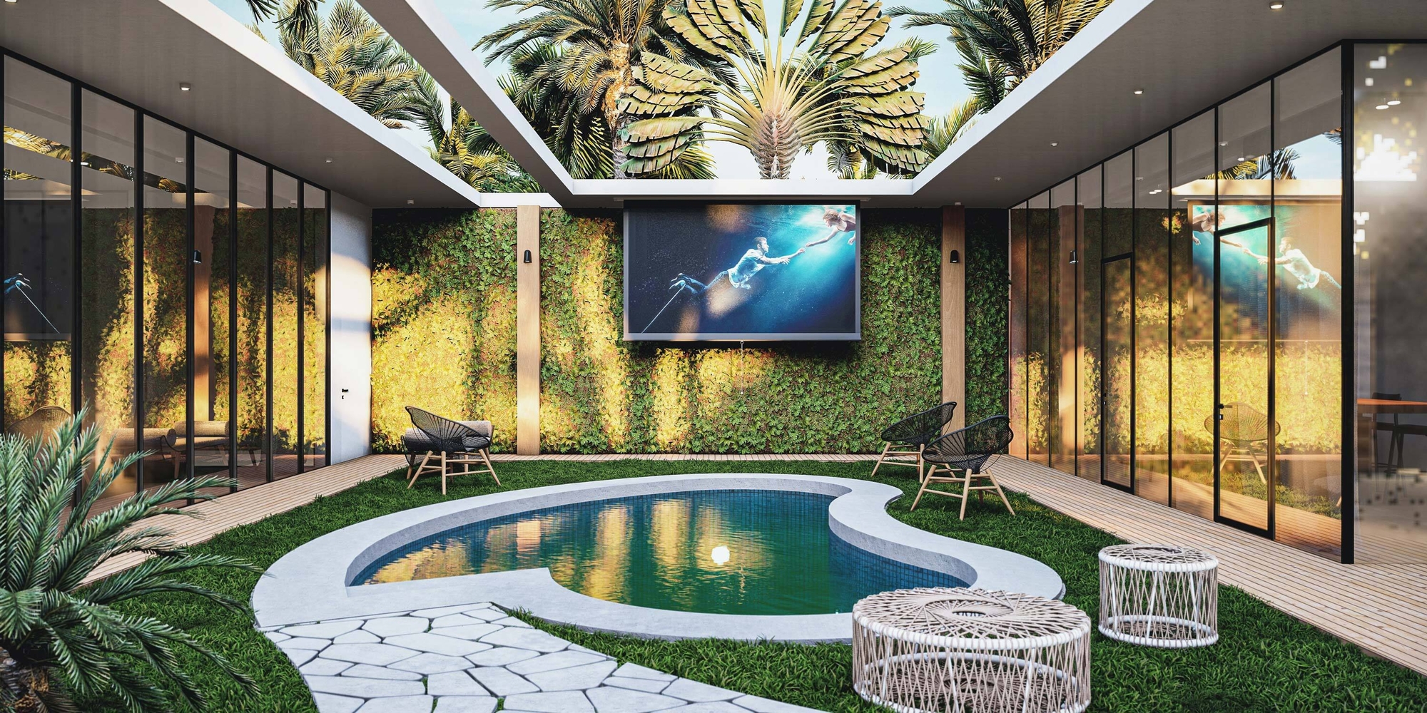 Outdoor courtyard pool with an outdoor TV and living green wall