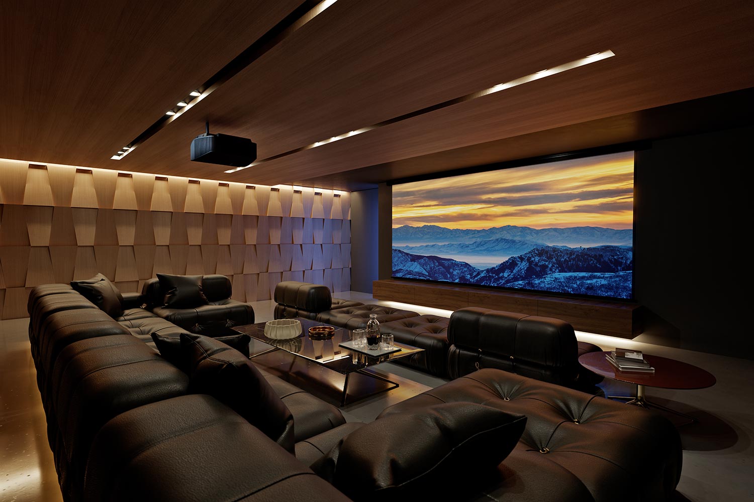 Luxurious home theater with black leather seating, wood‑paneled walls, and a large screen displaying a mountain sunset.