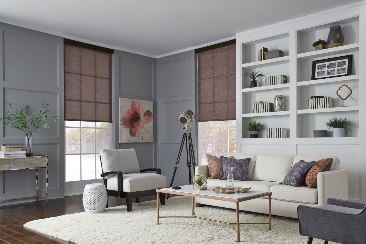 A living room featuring two windows with Lutron motorized shades.