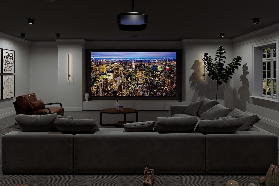 A modern home theater design in a luxury smart home.