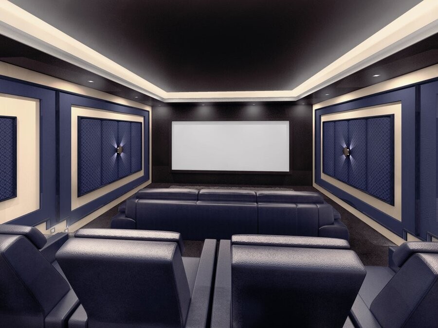 A home theater design and setup featuring a large display, theater seating, and acoustic treatments on the walls.